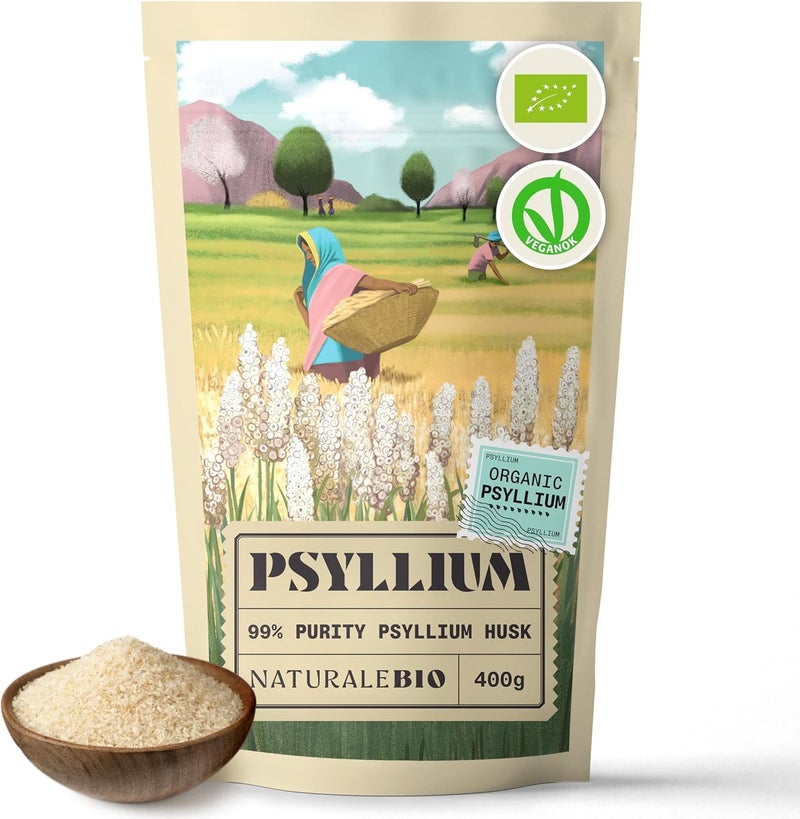 NaturaleBio قشور السيليوم العضوي NaturaleBio 99 نقاء 400 جرام قشور بذور السيليوم الطبيعية النقية المنتجة في الهند غنية بالألياف لتخلط مع الماء والمشروبات والعصائر نباتية ونباتية بالكامل - Image 1