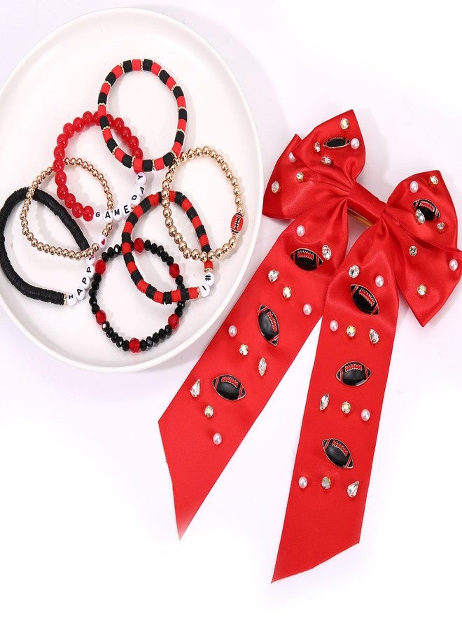 BSJELL Game Day Football Hair Bow Clips for Women Red Black Blue Spirit Hair Clips Sports Hair Bows Football Hair Accessories Game Day Outfit Party Favor (Red Black) - Image 2