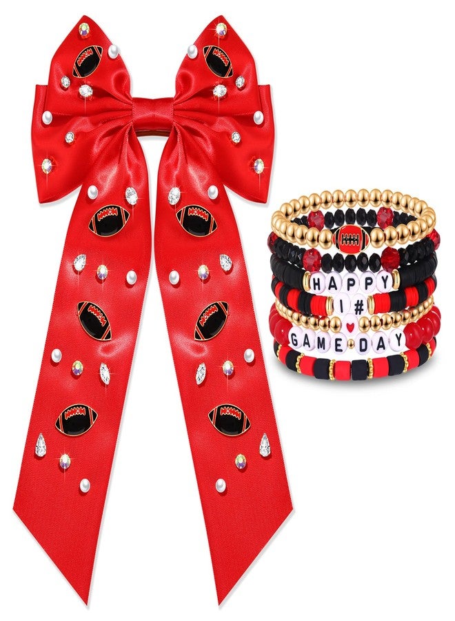 BSJELL Game Day Football Hair Bow Clips for Women Red Black Blue Spirit Hair Clips Sports Hair Bows Football Hair Accessories Game Day Outfit Party Favor (Red Black) - Image 1