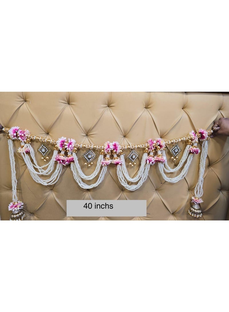 Handmade Decorative Pearl Beads & Floral Toran | 40 Inch Door Hanging Garland with Pink Flowers & Golden Embellishments for Home Décor, Pooja & Festive Decoration