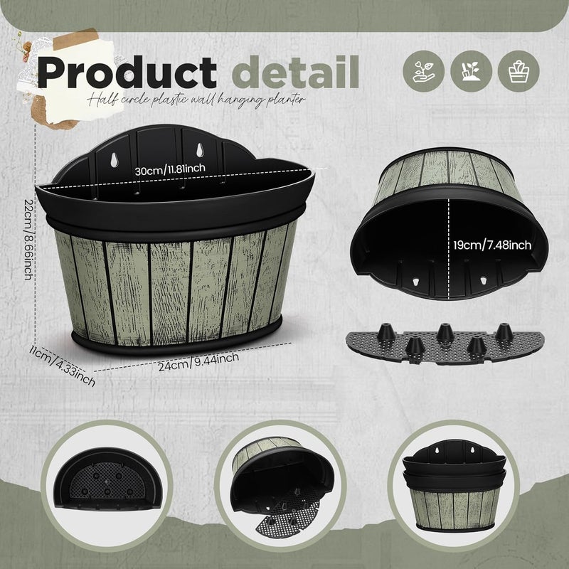 Layhit 6 Pcs Wall Hanging Planters Outdoor Pot Planter Wine Barrel Planter Distressed Oak Thickened Plastic Water Storage Flower Pots for Plants Flower Indoor Outdoor Railing (Grey Green,10 Inches) - Image 2