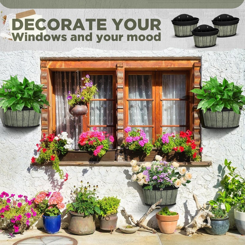 Layhit 6 Pcs Wall Hanging Planters Outdoor Pot Planter Wine Barrel Planter Distressed Oak Thickened Plastic Water Storage Flower Pots for Plants Flower Indoor Outdoor Railing (Grey Green,10 Inches) - Image 3