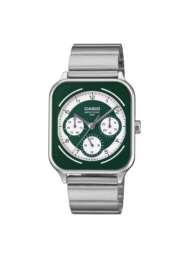 CASIO ساعة أنالوج متعددة المينا القياسية MTP-M307D-3BVDF، 44.5 مم، مينا أخضر، سوار من الفولاذ المقاوم للصدأ، مقاومة للماء حتى 50 متر