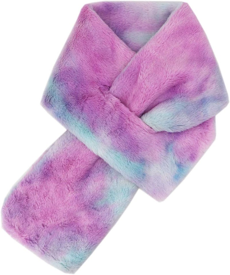 Newfancy Kids Winter Rainbow Scarf Gradient Cross Tie Collar Fluffy Fur Plush Shawl Wrap Neck Warmer for Toddler Girls Boys - Image 1