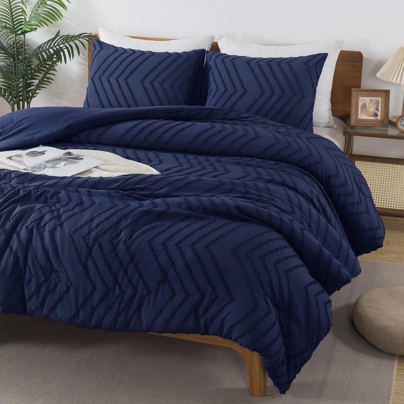 Andency Navy Blue Comforter Set King Size Boho Soft Warm Tufted Bedding Comforter Sets for King Size Bed 3 Pieces Aesthetic Chevron Farmhouse Cute Bohemian Textured Bedding Set