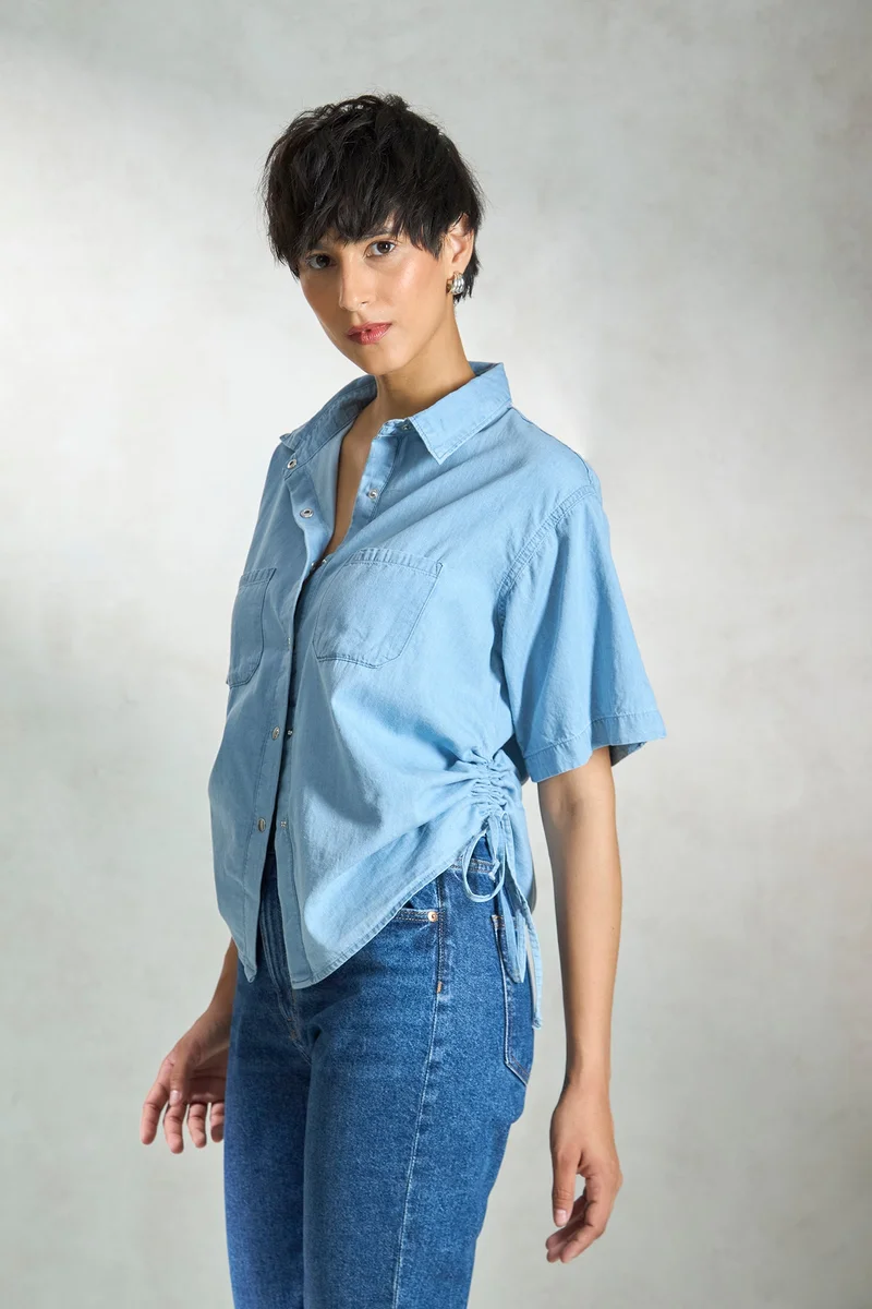 فيرجيو Cotton Denim Vacation Drawstring Shirts for Women