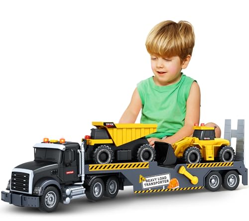 Bstoyder Toddler Boy Toys for 3 4 5 6 7 Years Kids 21 Semi Construction Carrier Truck Toy with Excavator and Dump Truck Friction Powered Toys with Lights and Sounds Birthday for Boy Girls - Image 1