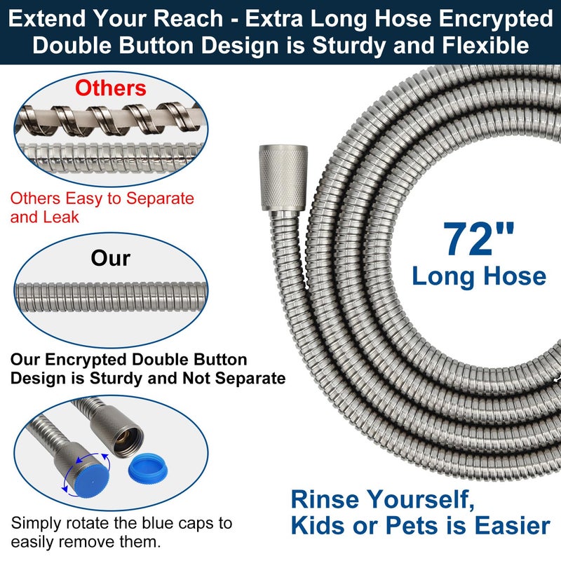 YUHX All Metal Shower Head with Handheld: High Pressure HandHeId Shower Sprayer with Long Hose 72" Flexible Extension,Brass Showerhead Holder, Brushed Nickel - Image 5