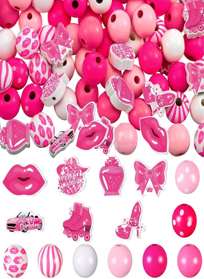 Waydress 200 Pcs Pink Large Girls Wooden Beads Bulk for Craft Preppy Big Pink Wood Colored Round Natural Loose Bead for DIY Girl Doll Theme Party Western Cowgirl Birthday Bridal Shower - Image 1