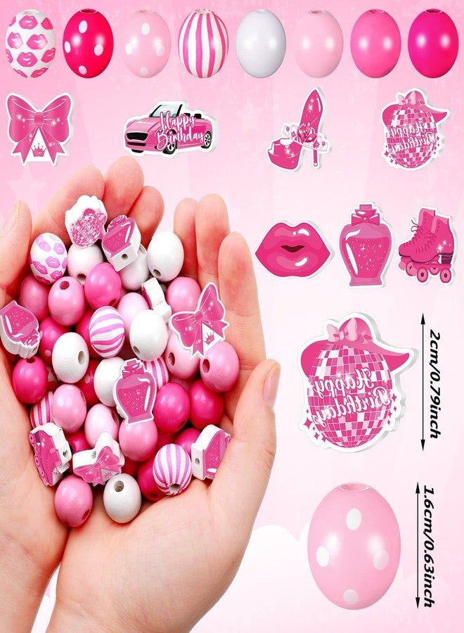 Waydress 200 Pcs Pink Large Girls Wooden Beads Bulk for Craft Preppy Big Pink Wood Colored Round Natural Loose Bead for DIY Girl Doll Theme Party Western Cowgirl Birthday Bridal Shower - Image 2