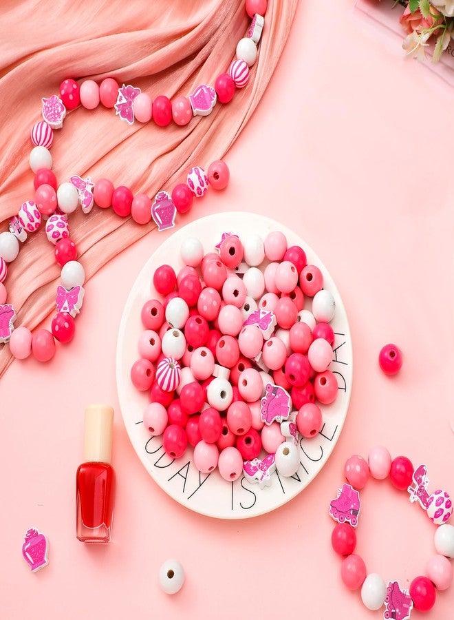 Waydress 200 Pcs Pink Large Girls Wooden Beads Bulk for Craft Preppy Big Pink Wood Colored Round Natural Loose Bead for DIY Girl Doll Theme Party Western Cowgirl Birthday Bridal Shower - Image 3