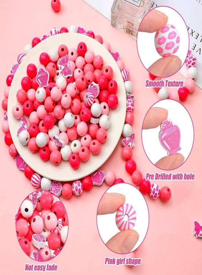 Waydress 200 Pcs Pink Large Girls Wooden Beads Bulk for Craft Preppy Big Pink Wood Colored Round Natural Loose Bead for DIY Girl Doll Theme Party Western Cowgirl Birthday Bridal Shower - Image 5