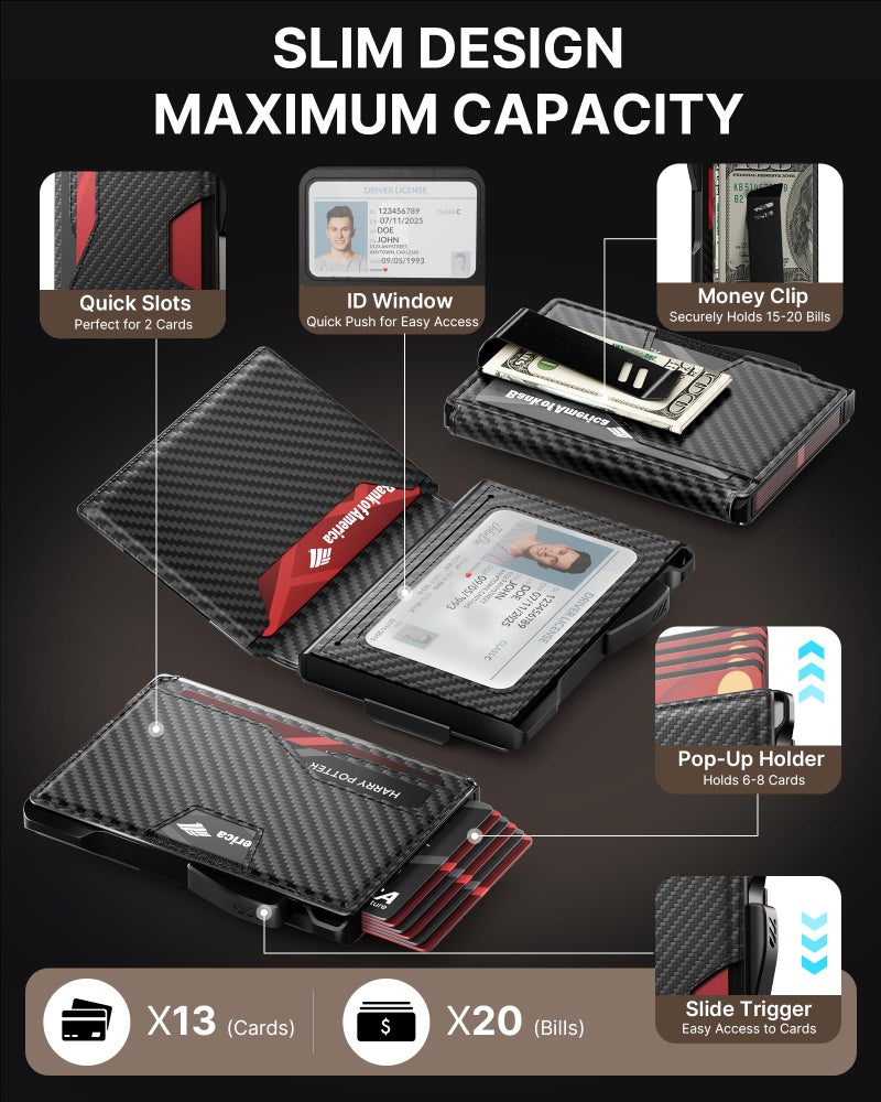 typecase Wallet for Men: Rfid-blocking with Money Clip Slim Leather Bifold ID Window Smart Pop Up Card Case Front Pocket Wallet with Gift Box (Carbon Fiber Black) - Image 2