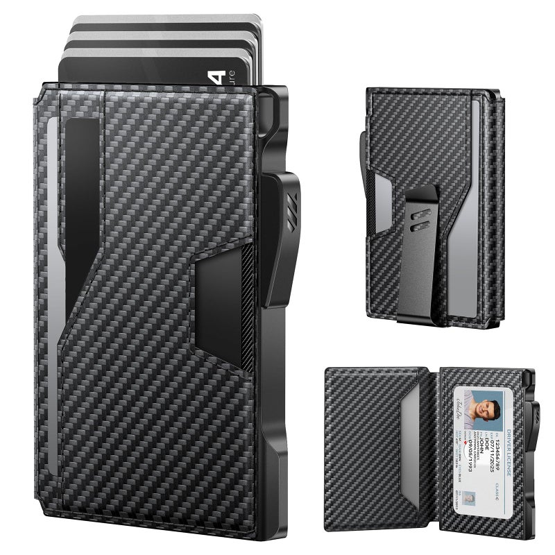 typecase Wallet for Men: Rfid-blocking with Money Clip Slim Leather Bifold ID Window Smart Pop Up Card Case Front Pocket Wallet with Gift Box (Carbon Fiber Black) - Image 1