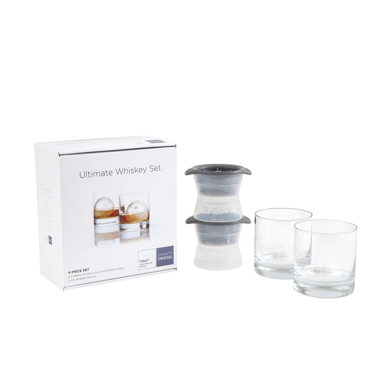 Schott Zwiesel Ultimate Whiskey with 2 Double Old Fashioned BarCocktail Glasses Paired with 2 Large Sphere Ice Molds Clear