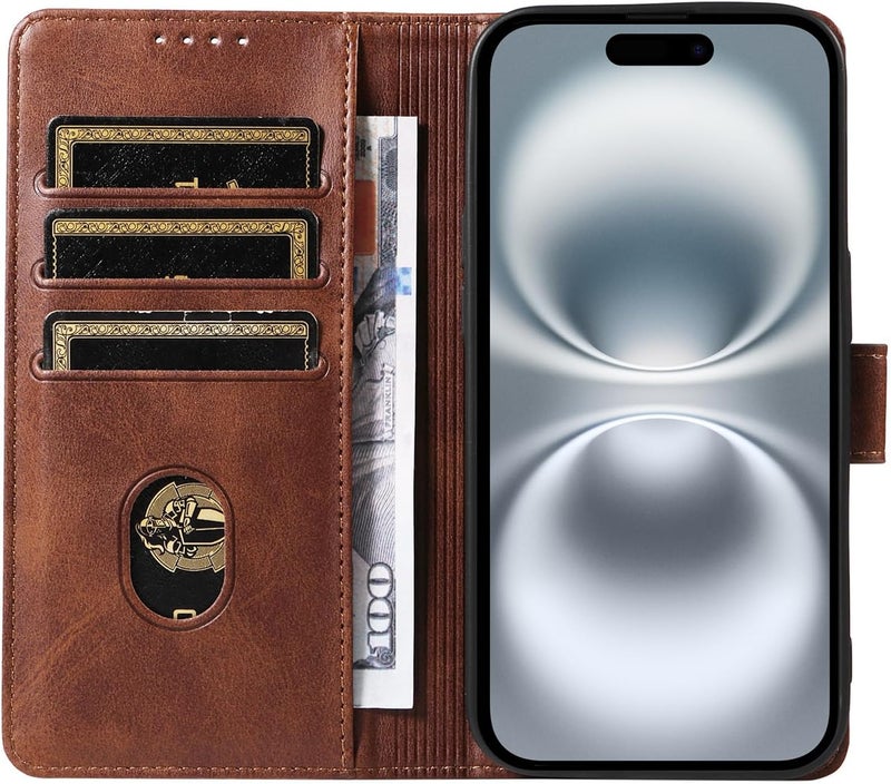 ريكنك حافظة لهاتف iPhone 16 Plus مع 3 فتحات للبطاقات من جلد PU ومحفظة مغناطيسية قابلة للطي وغطاء مجلد، حامل بطاقات وحامل قابل للطي وحافظة واقية من الصدمات من TPU، بني - Image 5