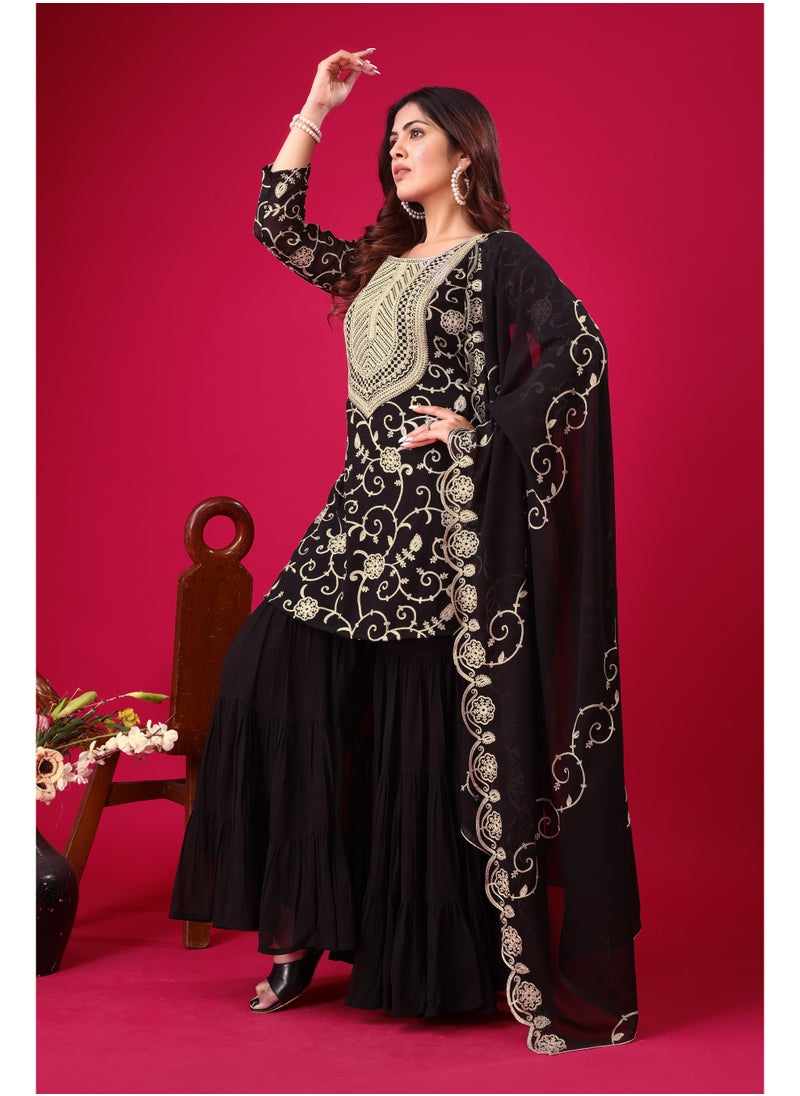 Super Asian "Ruhani Ruffle – Heavy Georgette Embroidered Sharara Set with Dupatta | Fully Stitched & Ready to Wear"  - Image 4