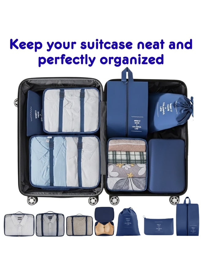 مجموعة مكعبات تعبئة السفر مكونة من 7 قطع - منظمات أمتعة متينة مزودة بسحابات شديدة التحمل للملابس والأحذية وأدوات النظافة الشخصية والأغراض الأساسية - حقائب تخزين سفر متعددة الأحجام للحقائب المنزلية والنادي الرياضي ورحلات العمل - هدية مثالية للرجال والنساء - Image 3