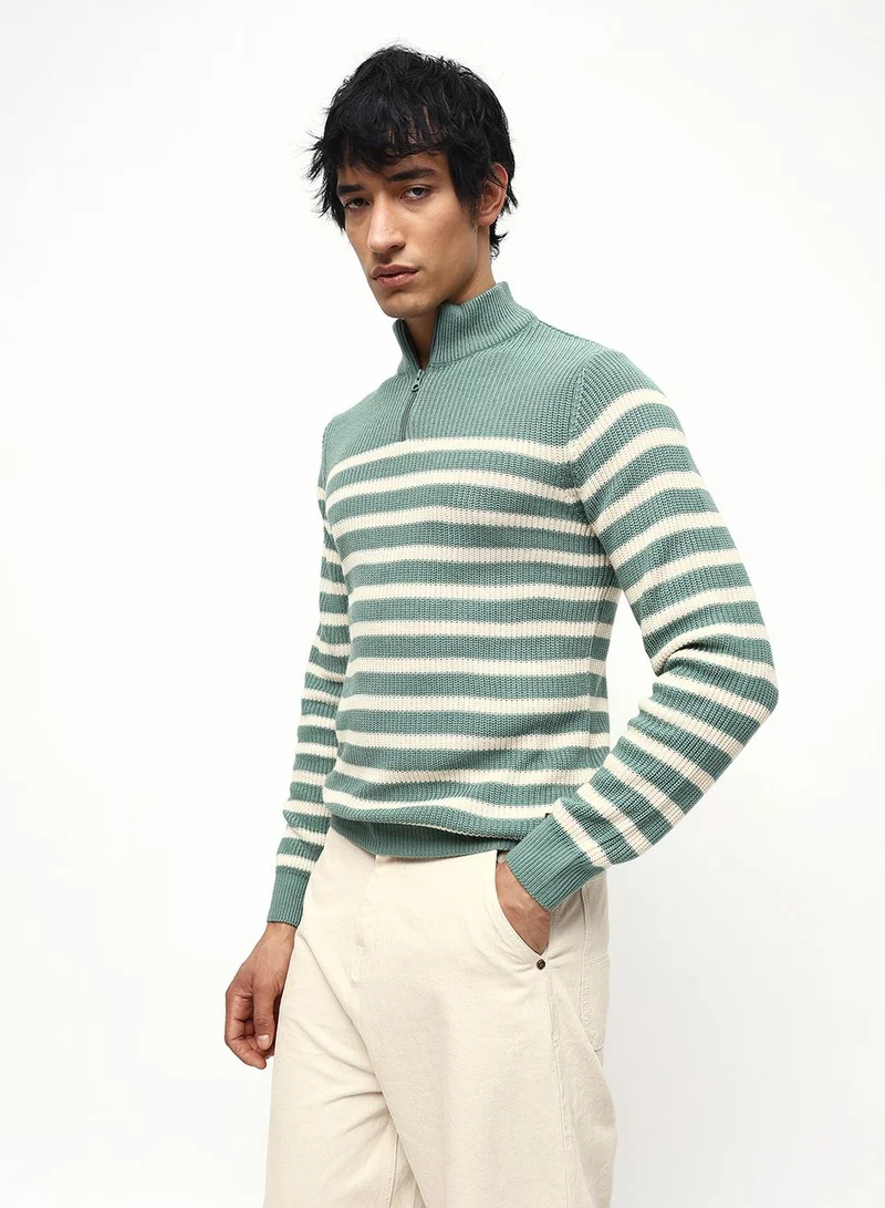 Men's Sage Green 100% Acrylic Striped Regular Fit Sweater