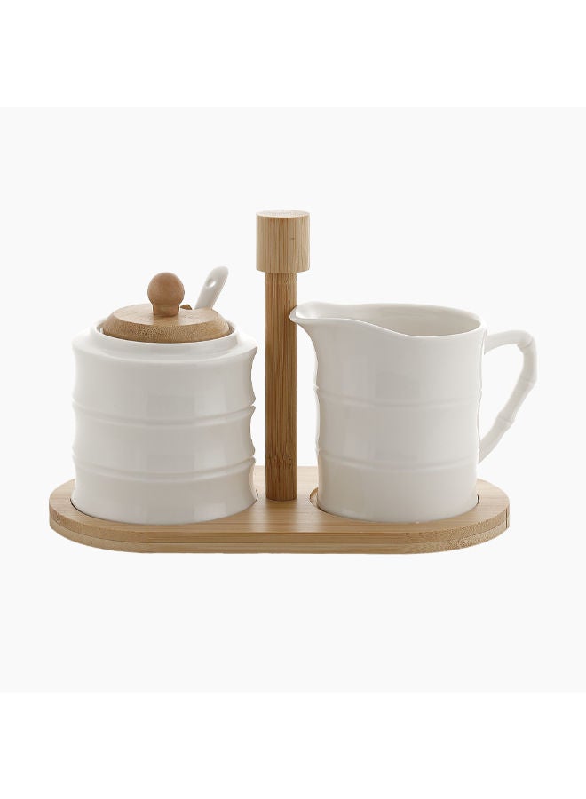 Zinnia Milk And Sugar Bowl Set With A Spoon Wooden Lid And A Wooden Stand