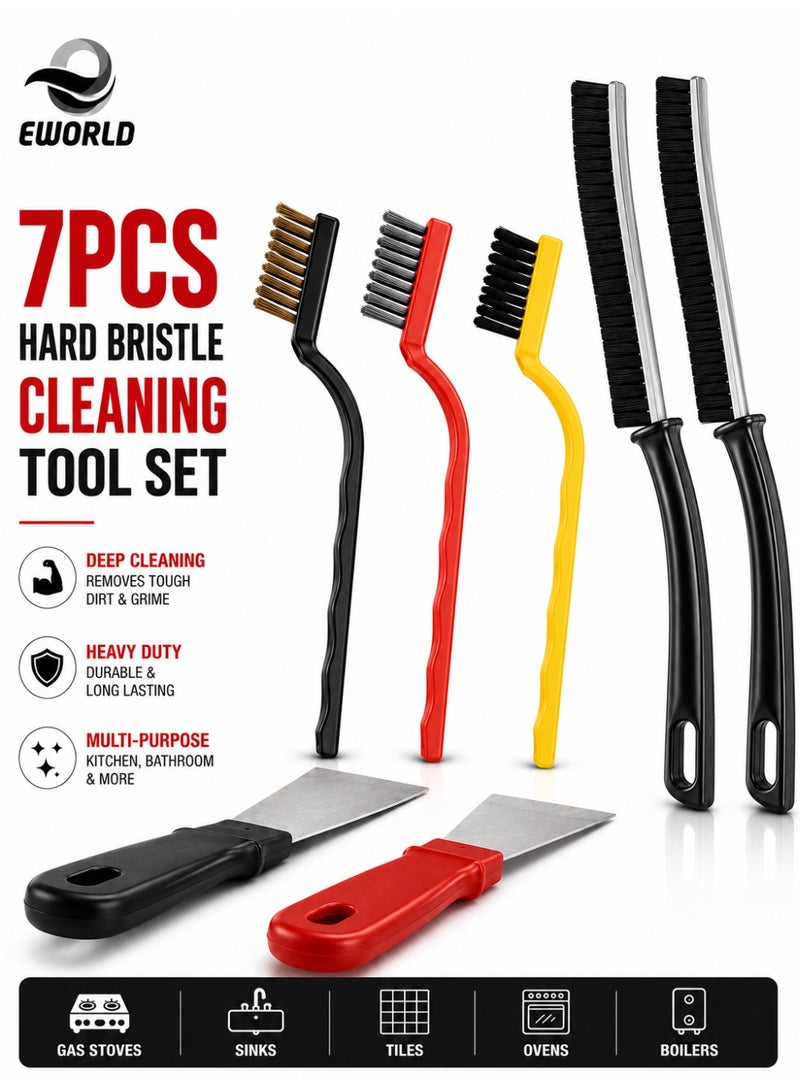 Eworld 7-Piece Multifunctional Cleaning Tool Set, Hard Bristle Gap Cleaning Brushes with 3 Wire Brushes, 2 Crevice Brushes & 2 Scrapers, Deep Cleaning Kit for Kitchen, Bathroom, Window Tracks, Tile Grout, Gas Stove & Household Appliances - Image 1