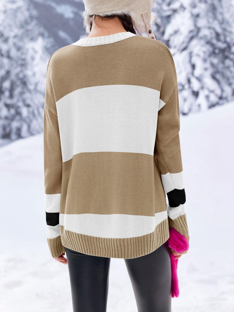 Saodimallsu Womens Color Block Oversized Sweater Ski Print Winter Trendy Crew Neck Long Sleeve Pullover Sweaters Knit Tops Khaki - Image 3