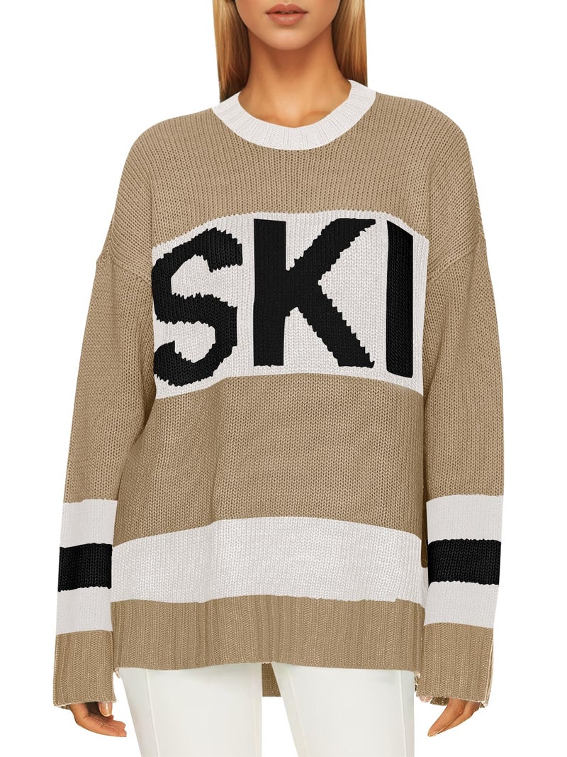 Saodimallsu Womens Color Block Oversized Sweater Ski Print Winter Trendy Crew Neck Long Sleeve Pullover Sweaters Knit Tops Khaki - Image 1