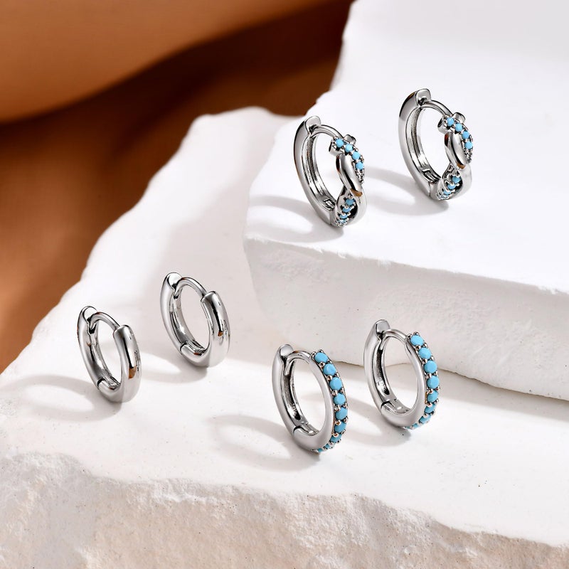 NOKMIT 3 Pairs Mini Hoop Earrings Set for Women Turquoise Huggie Hoop Cute Small Sterling Silver Cartilage Earring Ear Cuff for Multiple Piercing (Turquoise, F) - Image 3