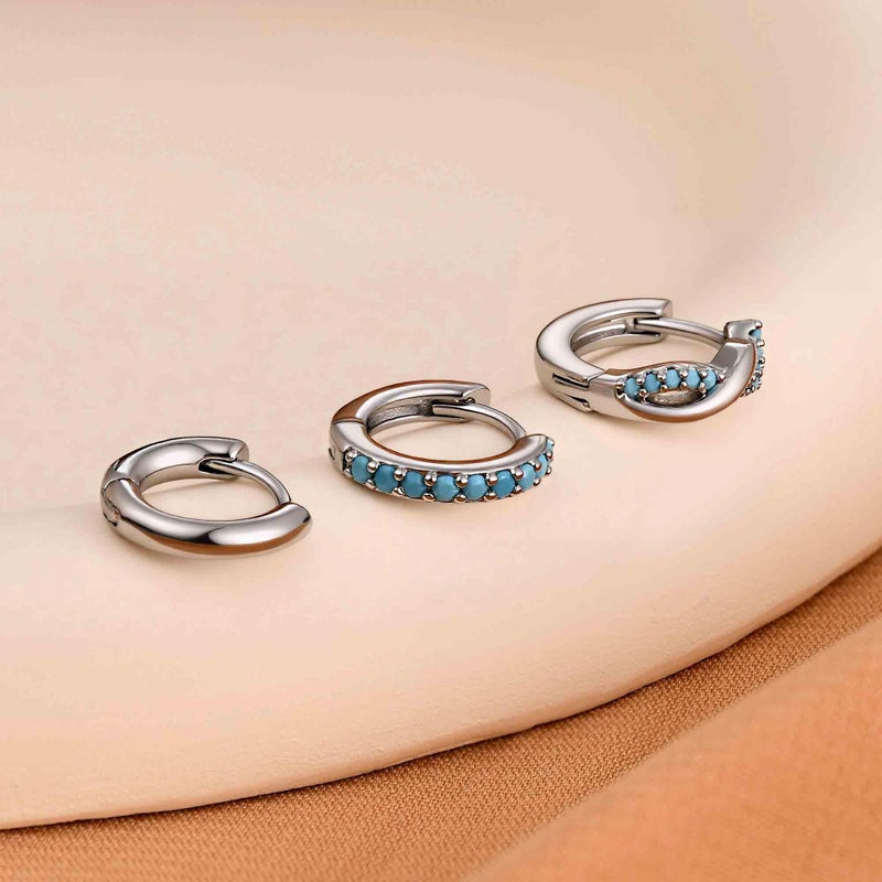 NOKMIT 3 Pairs Mini Hoop Earrings Set for Women Turquoise Huggie Hoop Cute Small Sterling Silver Cartilage Earring Ear Cuff for Multiple Piercing (Turquoise, F) - Image 4