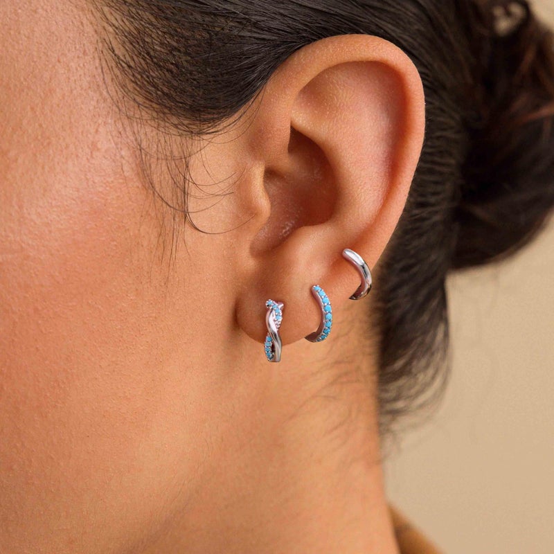 NOKMIT 3 Pairs Mini Hoop Earrings Set for Women Turquoise Huggie Hoop Cute Small Sterling Silver Cartilage Earring Ear Cuff for Multiple Piercing (Turquoise, F) - Image 2
