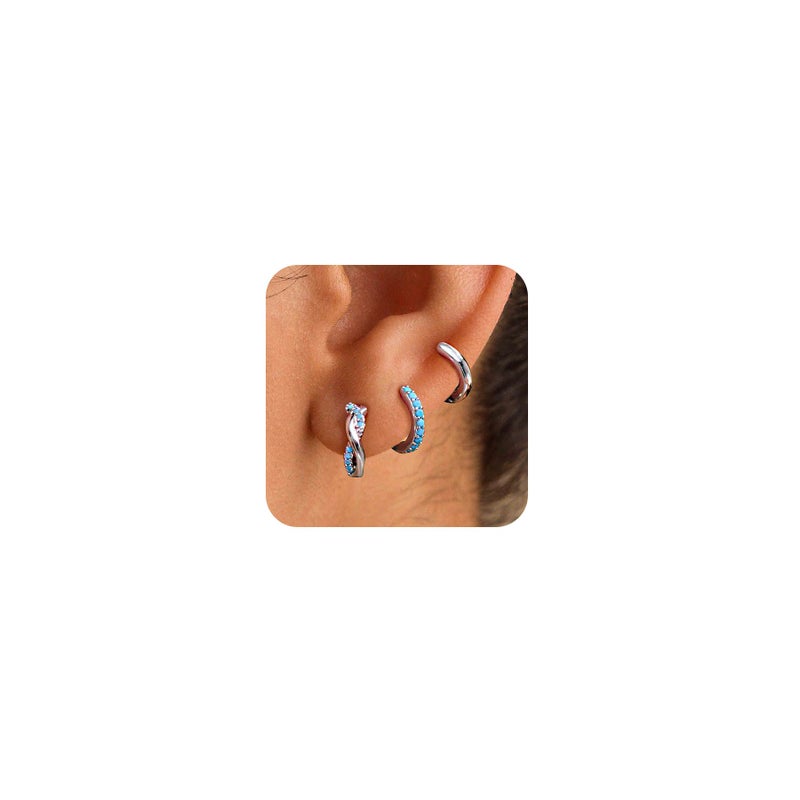 NOKMIT 3 Pairs Mini Hoop Earrings Set for Women Turquoise Huggie Hoop Cute Small Sterling Silver Cartilage Earring Ear Cuff for Multiple Piercing (Turquoise, F) - Image 1