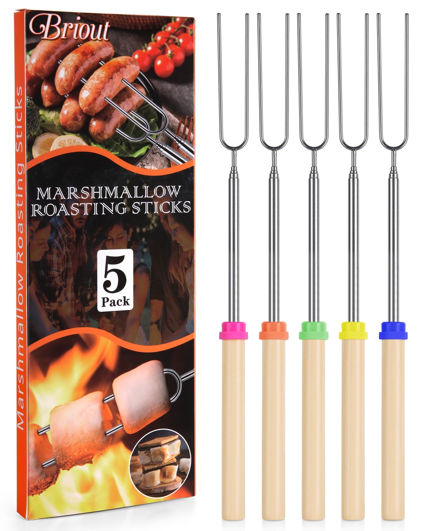 Briout Marshmallow Roasting Sticks Smores Stick for Fire Pit Hot Dog Campfire Skewers Marshmallow Camping 32 Inch Long Extendable Forks 5 Pack