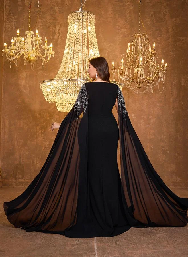UNITHORSE Plus Size Black Embellished Cape Sleeves Maxi Dress