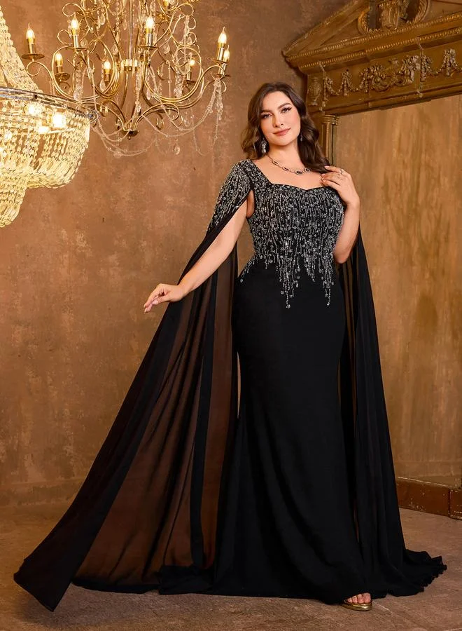UNITHORSE Plus Size Black Embellished Cape Sleeves Maxi Dress