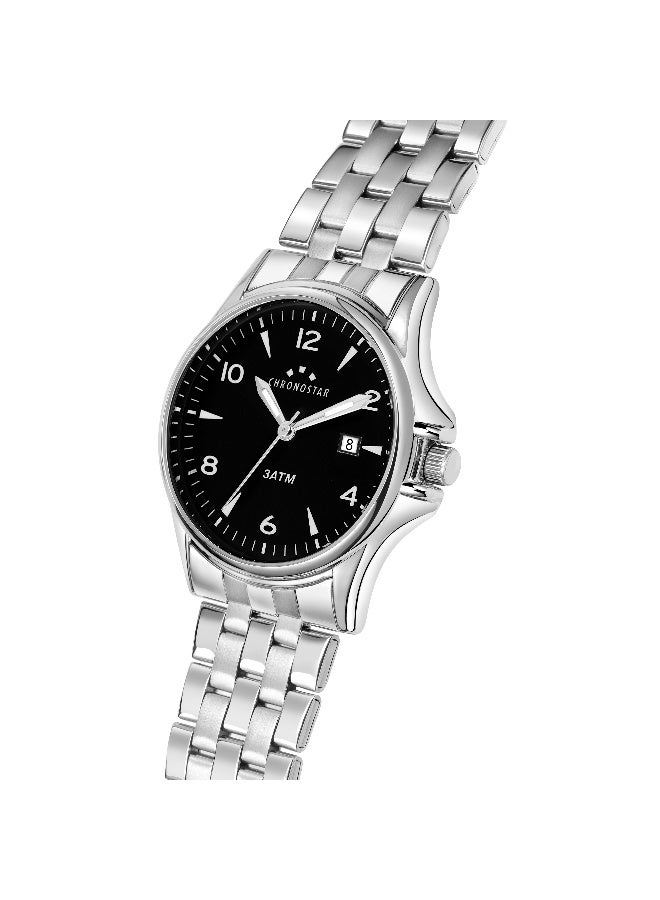 Chronostar Men's Black Round Analog Dial with Silver Stainless Steel Band Watch - 43mm - R3753121001 - Image 3