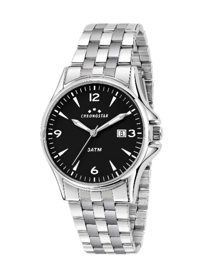 Chronostar Men's Black Round Analog Dial with Silver Stainless Steel Band Watch - 43mm - R3753121001 - Image 1