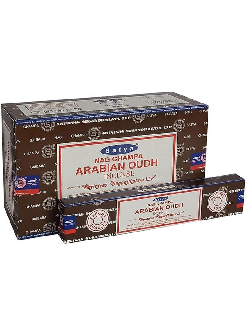 Satya Nag Champa Arabian Oudh Incense Sticks Agarbatti 180g Box – 12 Packs x 15g Each – Free Wooden Stand – Export Quality Aromatic Incense for Meditation, Prayer, Yoga & Home Fragrance