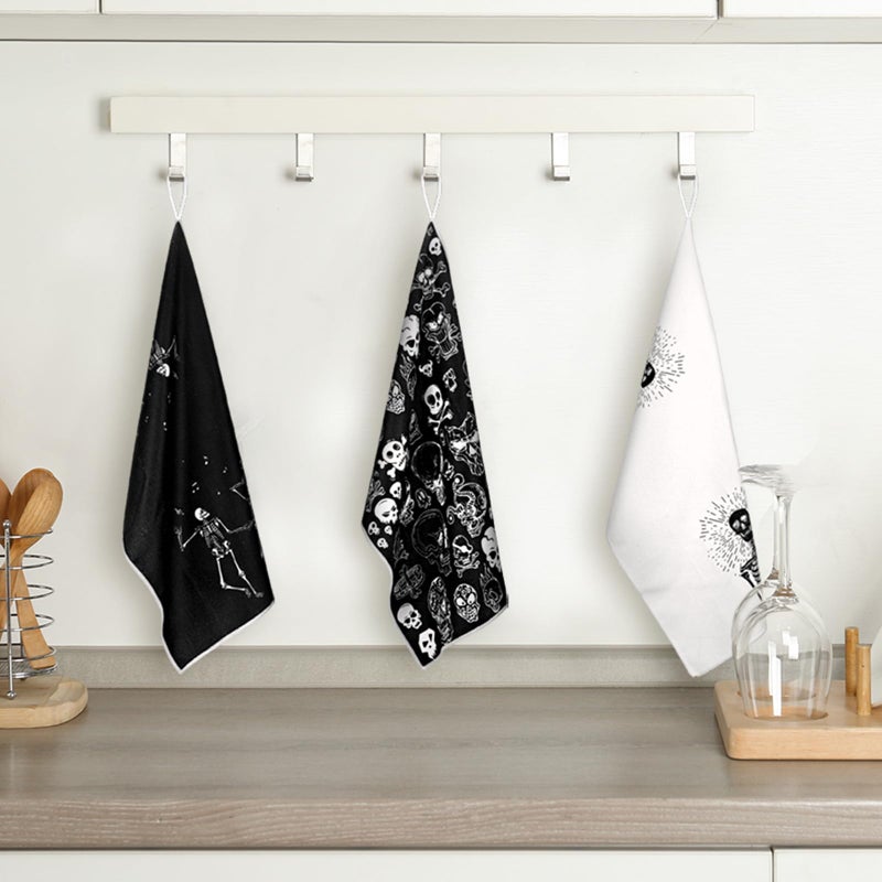 Bencailor Bencailor 6 Pcs Halloween Skull Kitchen Towels Turquoise Navy Dish Towels Blue Gold Marble Tea Towels Gothic Skeleton Chef Hand Towel for Home Decor Gift  24 x 16''(Black  White Skull)  - Image 3