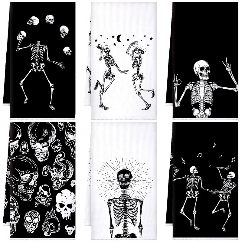 Bencailor Bencailor 6 Pcs Halloween Skull Kitchen Towels Turquoise Navy Dish Towels Blue Gold Marble Tea Towels Gothic Skeleton Chef Hand Towel for Home Decor Gift  24 x 16''(Black  White Skull)  - Image 1
