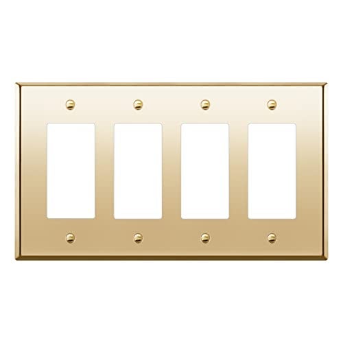 LIDER Decorator Switch or Receptacle Metal Wall Plate Outlet Cover Corrosion Resistant MidSize 4Gang 488 x 858 LMWP34MPB UL Listed Stainless Steel Polished Brass 1Pack - Image 1