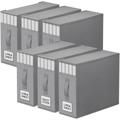 StorageTastic 6 Pack Bed Sheet Closet Organizers and Storage,Sturdy Foldable Storage Containers with Window and Label,Storage and Organization for Bedding Sheets,Duvet Covers,Blankets (Grey) - Image 1