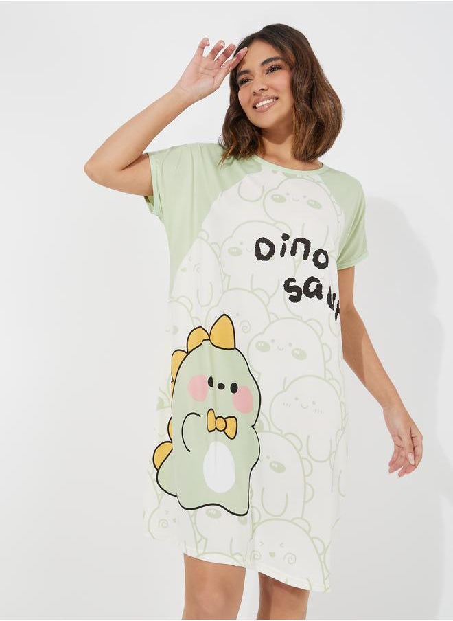 Take Two Dinosaur Print Raglan Sleeves Sleep T-Shirt Dress  - Image 2