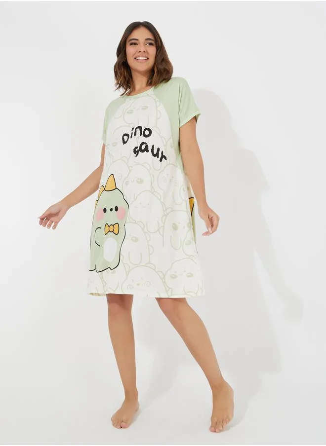 Styli Dinosaur Print Raglan Sleeves Sleep T-Shirt Dress