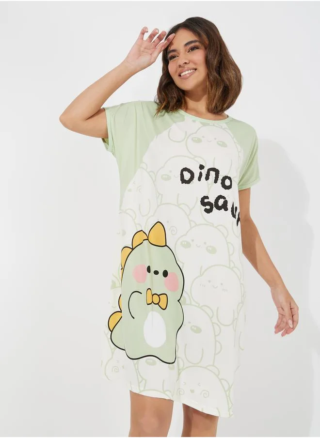 Styli Dinosaur Print Raglan Sleeves Sleep T-Shirt Dress