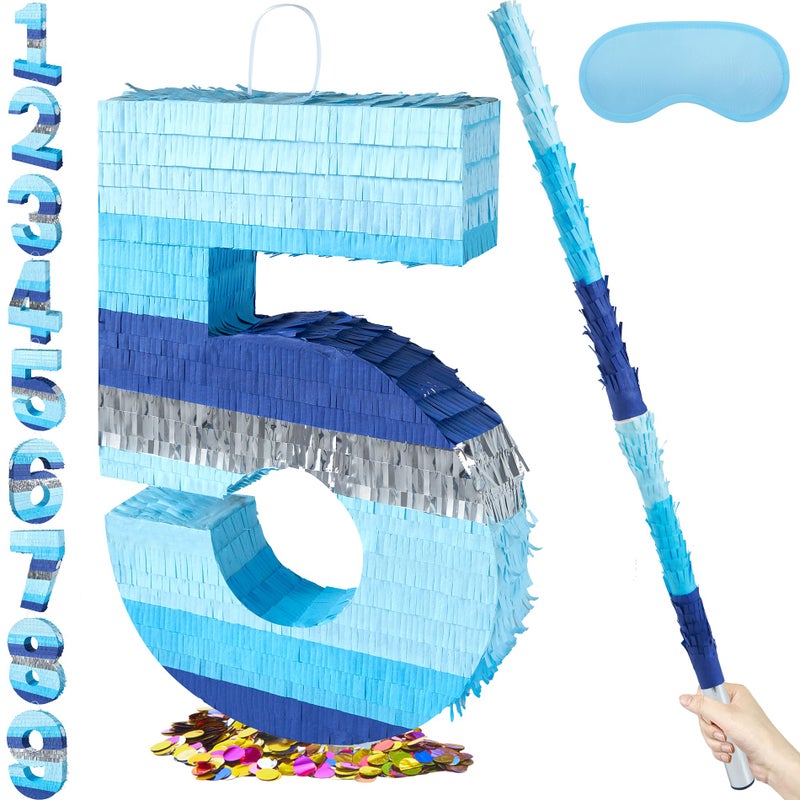 PCFING 20 Inch Number 5 Piata Blue Silver with 30 Inch Piata Stick Blindfold Confetti for Boys Girls Adults Birthday Party Decorations Anniversary Celebration Fiesta - Image 3