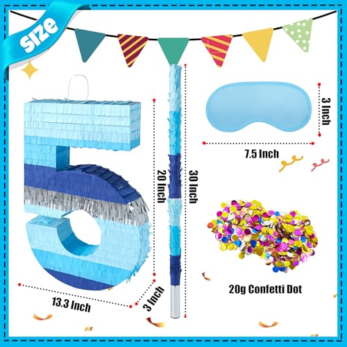 PCFING 20 Inch Number 5 Piata Blue Silver with 30 Inch Piata Stick Blindfold Confetti for Boys Girls Adults Birthday Party Decorations Anniversary Celebration Fiesta - Image 5