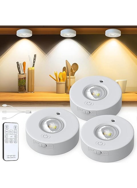 3 Pcs Magnetic LED Cabinet Lights, USB Rechargeable LED Spotlights, 500mAh Battery with Remote Control, 3 Colour Temperatures, Round LED Under-Unit Light with Timer, Magnetic, Dimmable
