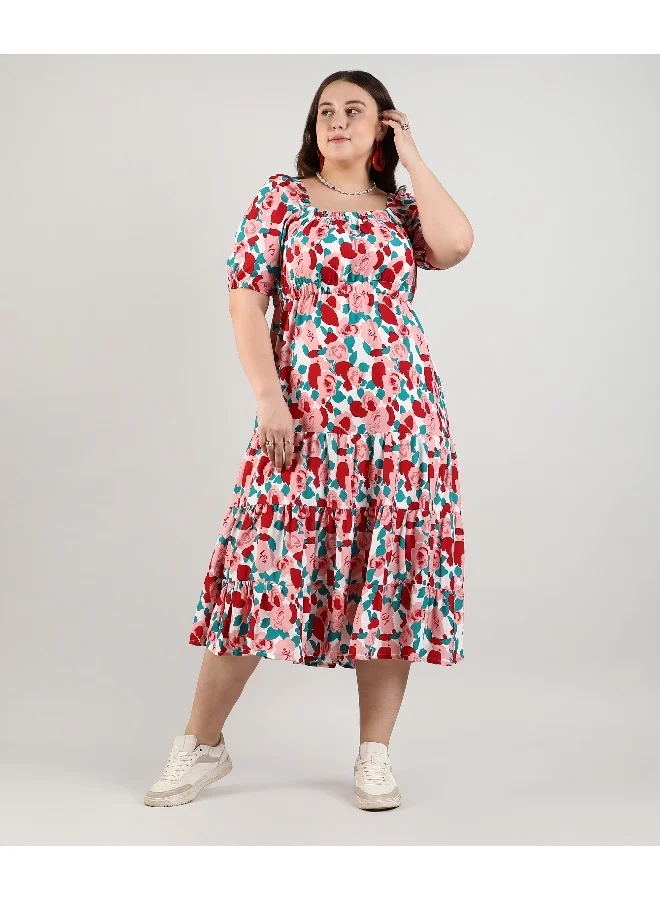 Instafab Plus Women's Crimson Red & White Rose Cluster Dress For Casual Wear | Square Neck | Short Sleeve | Pull On Closure | Dress Crafted With Comfort Fit For Everyday Wear