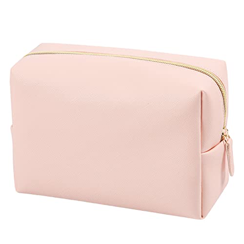GFU Makeup Bag Large Travel Zipper Cosmetic Pouch, Water Resistant PU Leather Toiletry Organizer for Women and Girls, Light Champagne Pink - Image 1