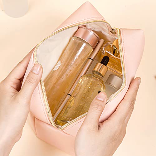 GFU Makeup Bag Large Travel Zipper Cosmetic Pouch, Water Resistant PU Leather Toiletry Organizer for Women and Girls, Light Champagne Pink - Image 5